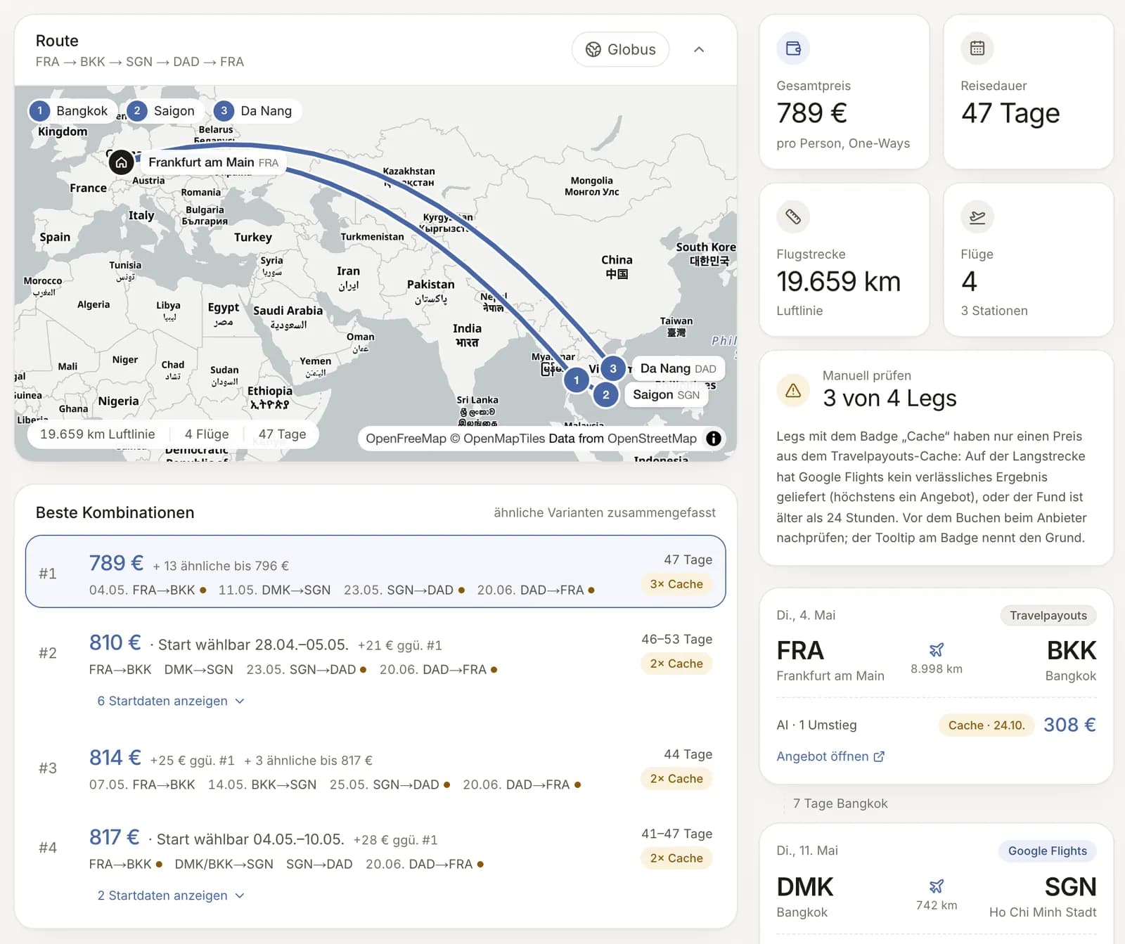 Optimizer mit Routenkarte, den besten Kombinationen und den Flügen eines Asien-Gabelflugs